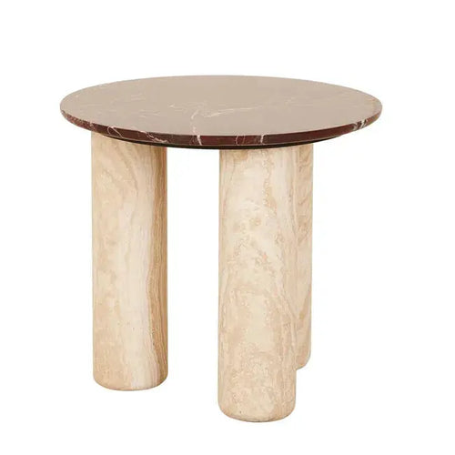 Atlas Orbit Side Table - Rouge Marble - Natural Travertine Side Table
