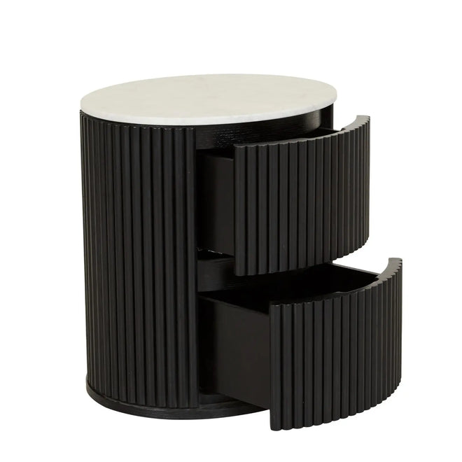 Benjamin Ripple Marble Round Bedside Table - Matt White Marble - Matt Black Bedside Table