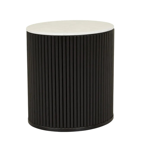 Benjamin Ripple Marble Round Bedside Table - Matt White Marble - Matt Black Bedside Table