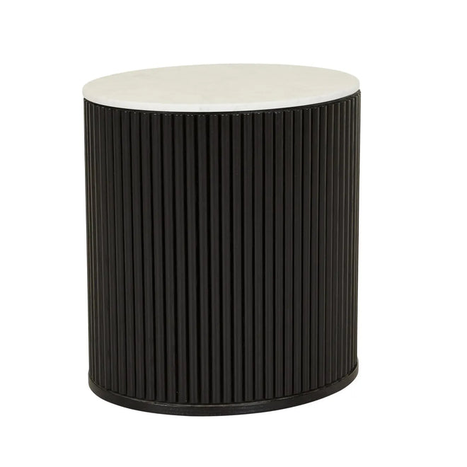 Benjamin Ripple Marble Round Bedside Table - Matt White Marble - Matt Black Bedside Table