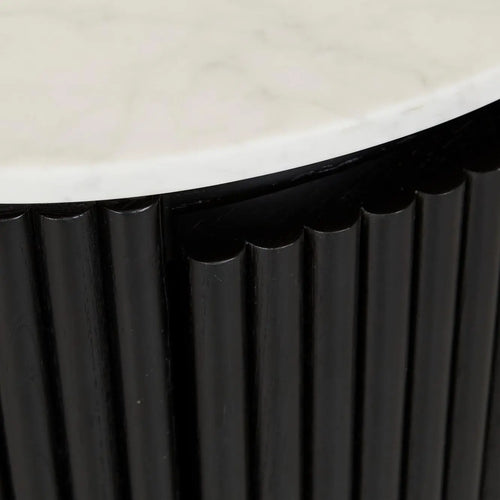 Benjamin Ripple Marble Round Bedside Table - Matt White Marble - Matt Black Bedside Table