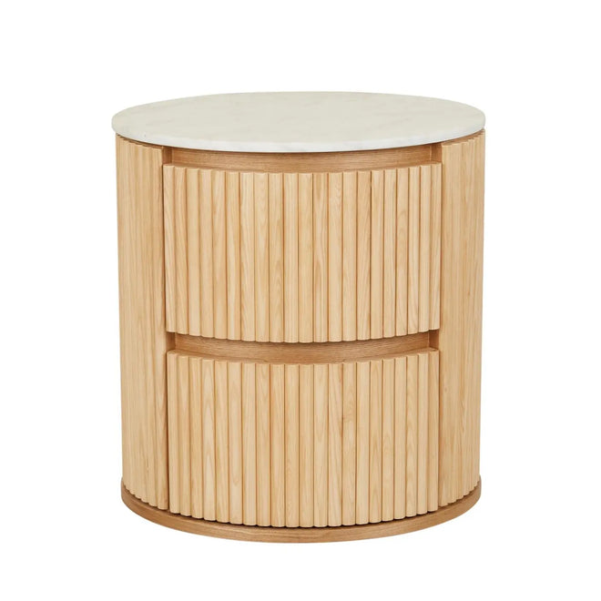 Benjamin Ripple Marble Round Bedside Table - Matt White Marble - Natural Ash Bedside Table