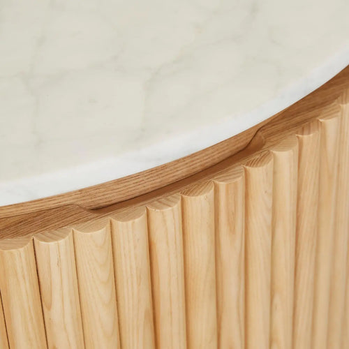 Benjamin Ripple Marble Round Bedside Table - Matt White Marble - Natural Ash Bedside Table
