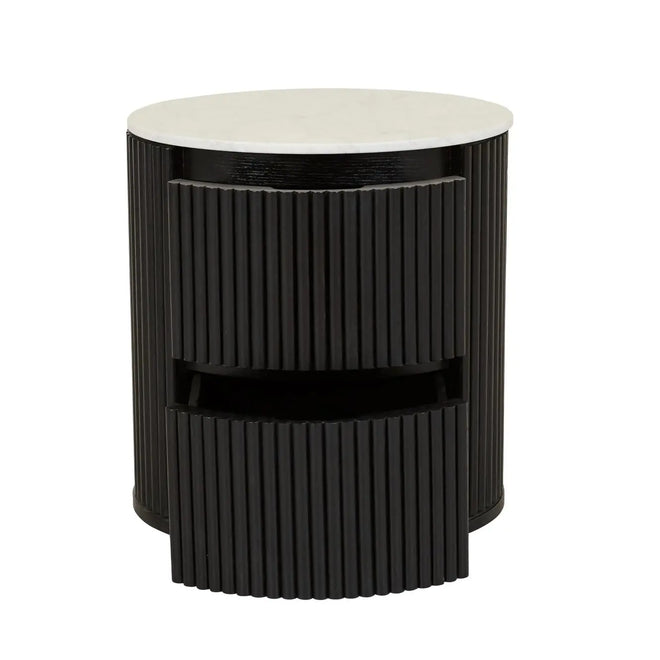 Benjamin Ripple Marble Round Bedside Table - Matt White Marble - Natural Ash Bedside Table