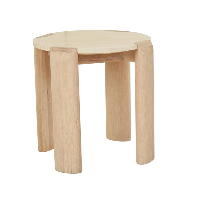 Willa Designer Marble Side Table - Natural Travertine - Light Oak Side Table