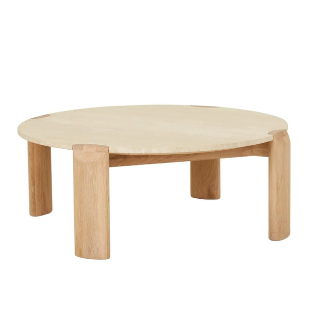 Willa Marble Designer Coffee Table - Natural Travertine - Light Oak Coffee Table