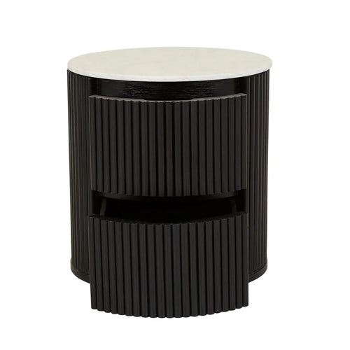  Benjamin Ripple Marble Round Bedside Table - Matt White Marble - Matt Black Bedside Table