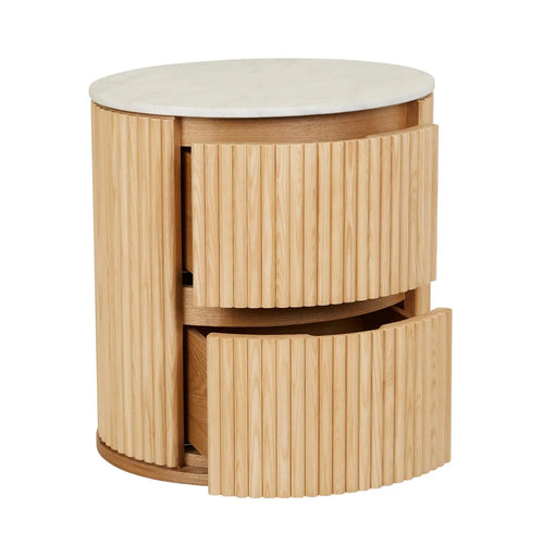  Benjamin Ripple Marble Round Bedside Table - Matt White Marble - Natural Ash Bedside Table