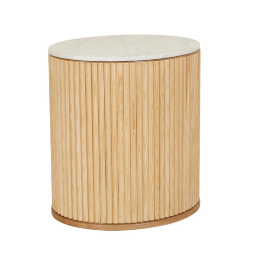  Benjamin Ripple Marble Round Bedside Table - Matt White Marble - Natural Ash Bedside Table