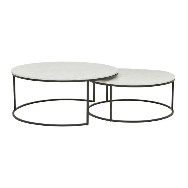  Elle Round Marble Nest Coffee Tables - Matt White Marble - Black Coffee Table