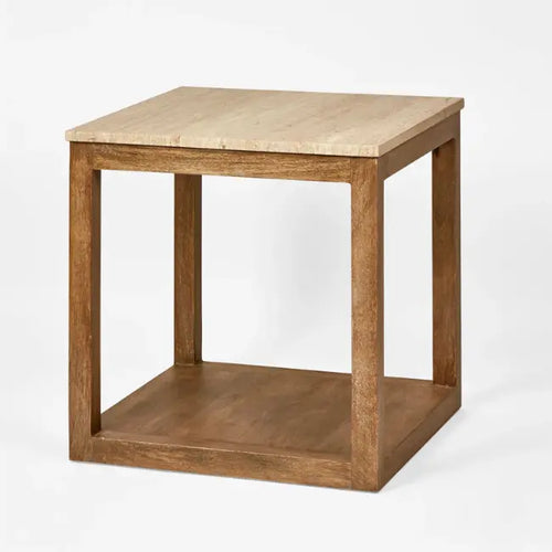  Montauk - Travetine and Wood Side Table Side Table