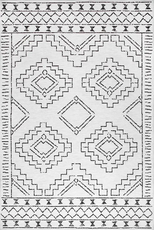  White & Black Tribal Print Washable Rug