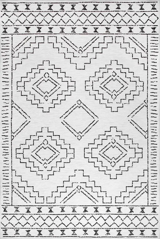  White & Black Tribal Print Washable Rug